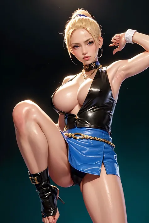 highest quality, High resolution, (Street Fighter), 1 girl, android 18, ( standing split, raise your legs,raise your legs,stand on one leg 1.3), alone, blonde hair, blue eyes, belt, pearl_necklace, bracelet, black gloves, short hair, earrings, micro mini s...