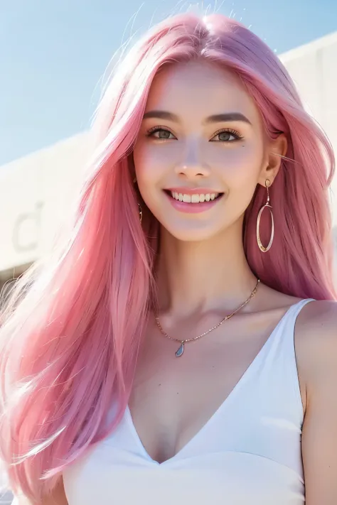 (extra detailed body、extra detailed face、best qualtiy:1.2)、femele、looking at the viewers、(A pink-haired、a smile、Earrings of feathers up to the shoulders、a necklace、near future)、(Oval pink building、art by)