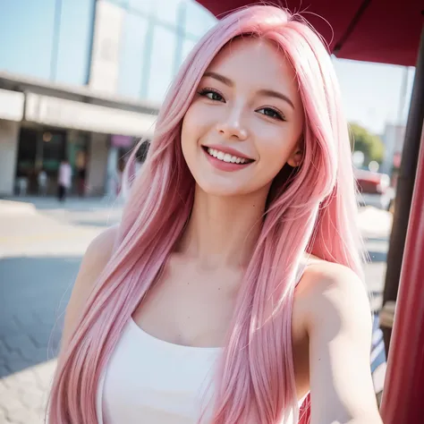 selfie of white girl with long pink hair smiling with her mouth closed