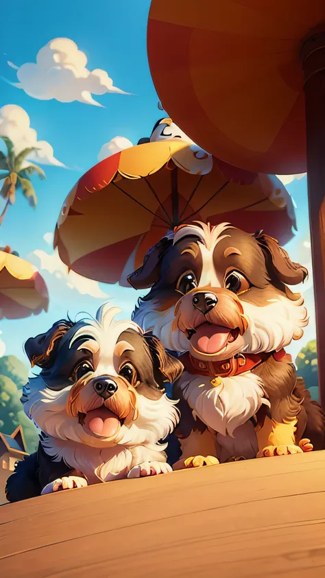 a Disney Pixar movie poster - 2 cute havanese teacups, dog number 1 has white fluffy face with brown spot over eye with white fluffy body. Dog number 2 has white petite body with caramel brown face. Both wearing red shirts. The background is suburban homes...