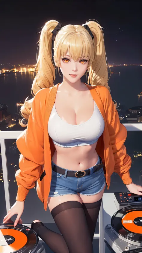 (（（figure，御姐figure,white and tender skin,（（（ orange cardigan jacket ， white navel top ， blue denim shorts，little black belt ， bl...