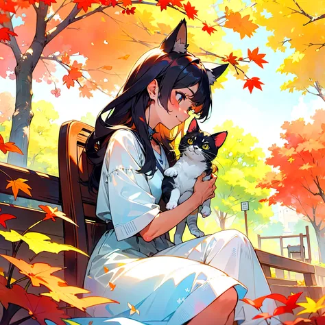 watercolor,  1 girl (Cat ears,beautiful, and smiles ,ふわりとした dress, staring at the kitten with a gentle expression,Holding a kitten, pressing the face against the kitten , white skin, dress),Alone, sitting ,background(Light Crimson ,autumn桜,autumn,tree漏れ日, ...