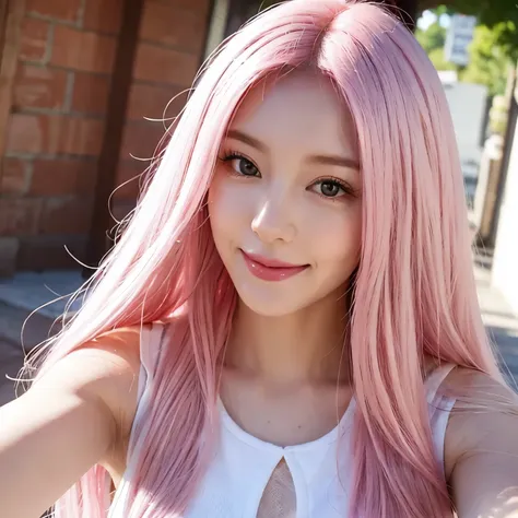 selfie of white girl with long pink hair smiling with her mouth closed