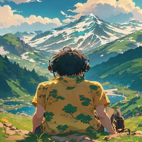 a man sleeping on a hill with headphones looking at the mountain, lofi art style, anime nature, anime cover, lofi art, makoto shinkai cyril rolando, lofi vibes, anime vibes, chillhop, lofi, lofi vibes, lofi album cover, anime nature wallpaper, makoto shink...