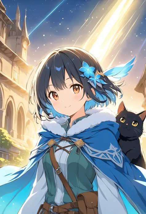 Lightline illustration 、Rakitune, Fantasy World 、 adventurer girl in a blue cape 、 Short Hair 、 black hair、Blue hair ornament、Black cat on her shoulder 、Light effects、Fluffy work 