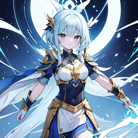 4K, masterpiece, high res, ridiculous results ,, edg Thunderbolt, a woman with a blue and gold armor ,wearing edg Thunderbolt_armor, charged, Thunderbolt,