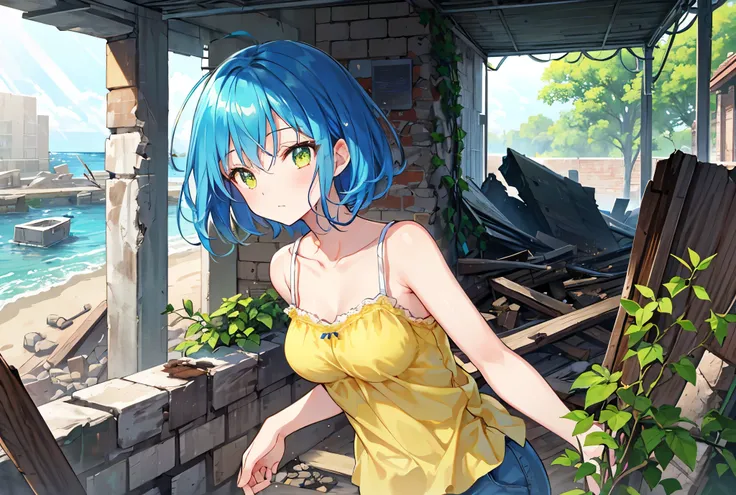  high definition ,Seaside ruins, collapsed concrete building,Dirty wall, ivy is attached to the wall,Rubble is falling ,Sawdust is falling ,Trash is falling , anatomically correct, 1 girl ,solo, blue hair ,Glossy hair, shorthair,Outdoor,Sunlight shining th...