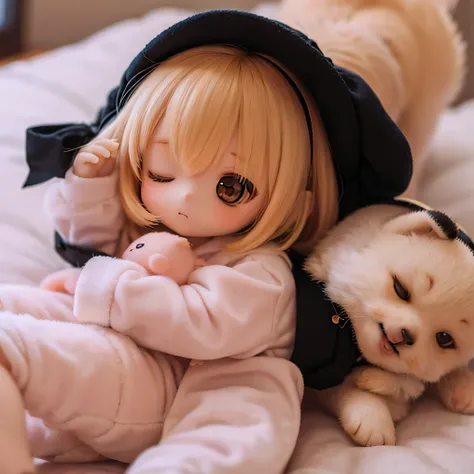 Shiba Inu girl sleeping in chibi pajamas、Girls sleeping in bed