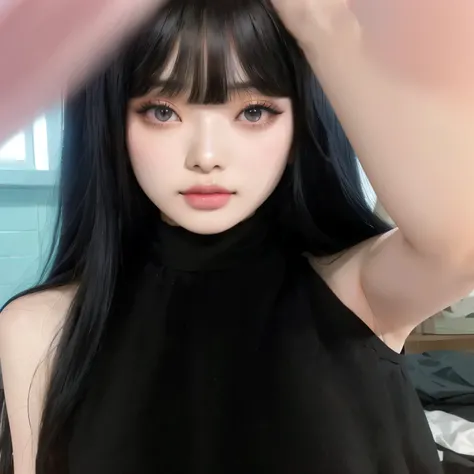 a close up of a woman with long black hair wearing a black top, cruel korean goth girl, she has black hair with bangs, ulzzang, anime girl in real life, korean girl, black hime cut hair, 1 anime goth girl, shikamimi, pale goth beauty, sakimichan, beautifu...