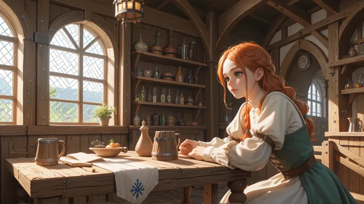 Anime style, Medieval style Adventurers guild, grand medieval building, medieval tavern, inside, big and open space, lots of wooden tables, big arched windows, 