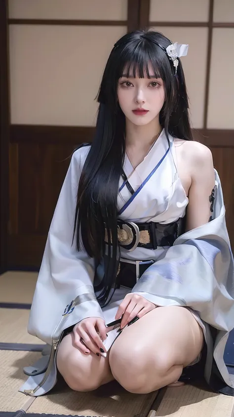 (masterpiece), best quality, hd, 4k, perfect face, black hair, hanfu, hairband, black long messy hair, arrogant assassin, geisha...