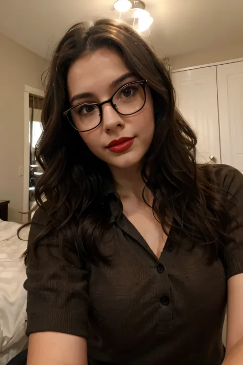 selfie, brunette girl with glasses, average, wavy hair, shy, bedroom, dark brown eyes, red lipstick, black eyeliner