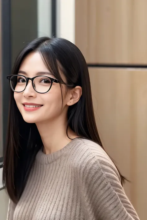 Smiling woman in her 40s 、 black hair long straight hair、Thin-rimmed glasses、 white sweater 
