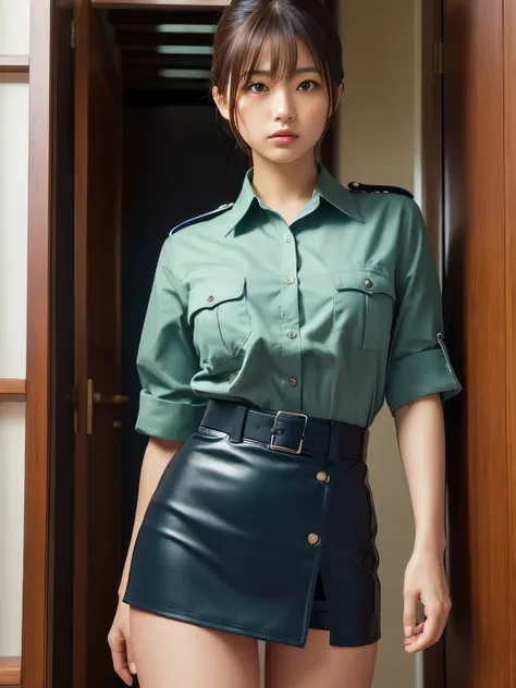 Serious:0.5,  1 Japanese Police Mature Woman , 40 years old,((Peeking,  close:0.8)), (masterpiece,   best quality, 8k,   RAW photos , beautiful,   Aesthetic  :1.2),   intricate details , indirect lighting, Realistic, whole body, ( Muscular Body Like an Ath...