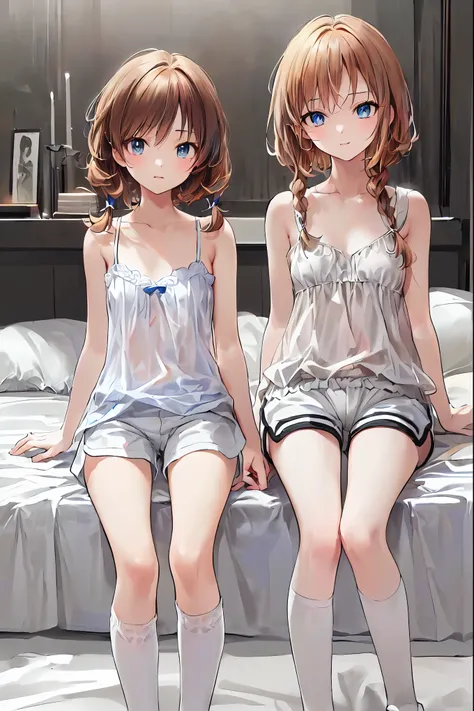  absurd,(masterpiece、 best quality、8k ), intricate details, Very detailed、1 cute girl、((movie:1.4)), embarrassed 、( flat chested、bulge:2.2( brown hair、(  white camisole , white shorts、 White Knee High Socks :1.3), on the bed、 super realistic,perfect anatom...