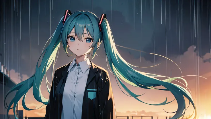  anime character、 Hatsune Miku、 twin tails、whole body、Admire the rainy scenery