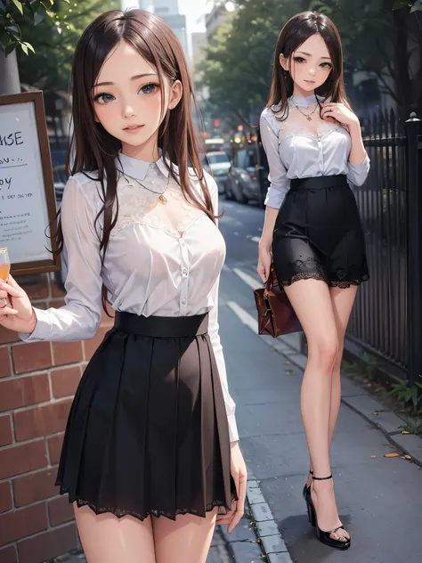 (1girl:1.8),4K,masterpiece, face,Symmetrical facial features, eyes with detailed instructions, pretty woman smiling at school,Age 25:1.5), amazing style, ( slender:1.5),( small ass , Thin Thighs ), detailed depiction of a face, small earrings ,pearl neckla...