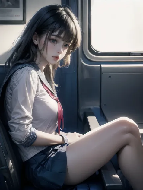 "(masterpiece, High resolution, Ultra High resolution, 4K) ,Japanese Girls , big boob, Uniform skirt, Accentuate your thighs, Soft thighs, Great thighs, Sitting on a train, Facing angle, (Angle from below),sitting on a train seat,sitting in front,Crotch Zo...