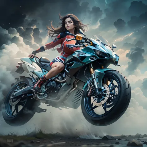 engine, fantastica, beautiful woman, action poses, full body, Nina North style melted in speed motorcicle, ina cloudy nebula, splash , liquid style. Perfect faces, amazing body, High definition 8K engine