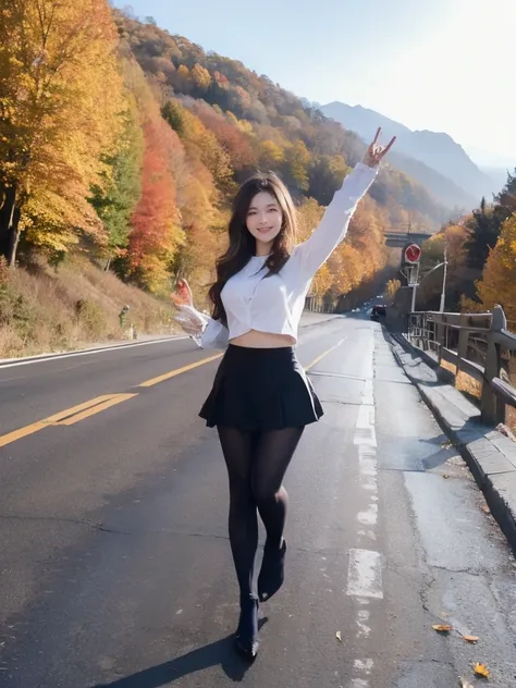 (((masterpiece))), ((( best quality: 1.4))), (( super detailed: 1.4)) ,  movie lights, Incredible beauty、Popular Idol、 pretty girl、
 mountain road full of autumn leaves、( Fall Fashion )、 flare mini skirt、 Ultra Realistic Pantyhose、turn around、Happy smile、H...