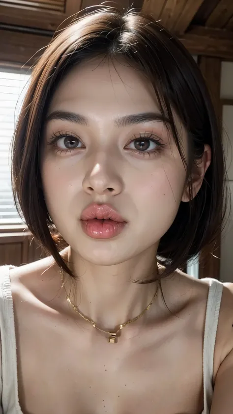 (8k、 RAW photo、 best quality、masterpiece:1.2)、(Genuine、Photographically:1.37)、 portrait of a beautiful woman,Alone, dark eyes, perfect face,、 casual clothes、 plump lips 、 beautiful skin ,Brown eyes、 short bob、nsfw, Nipples