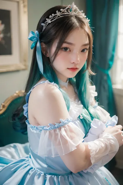 (artwork), (amazing work), (indirect linear lighting), (Chibi-cute studios), (Gif cute anime), (cute cute kawaii), (extremely detailed CG 8k unit wallpaper), (1girl) wearing cute dress, long blue hair with cute ruffled tiara, wearing silk gloves, white ski...