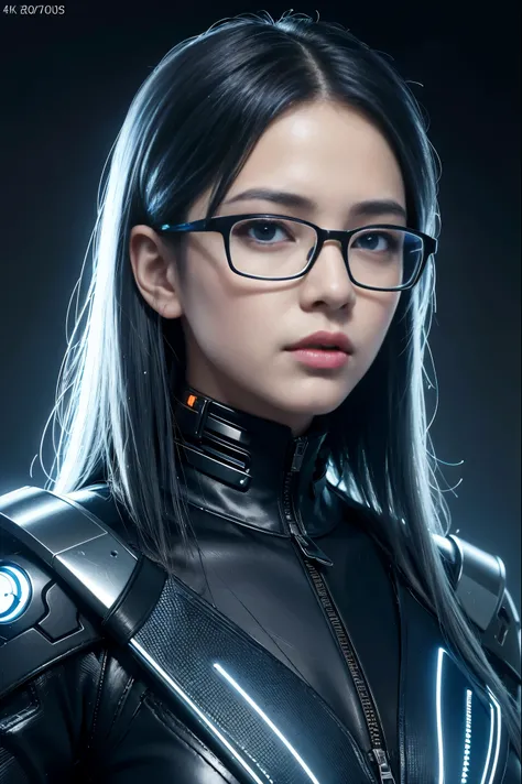 A girl, cyberpunk computer geek, beautiful detailed eyes, beautiful detailed lips, extremely detailed face, long eyelashes, short blue hair, glasses, futuristic display screen replacing head, glowing digital interface, neon cybernetic implants, complex cir...