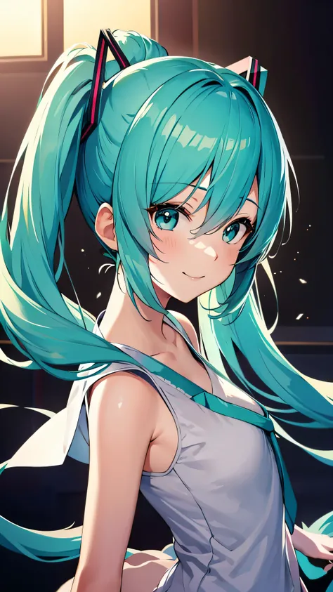  cute anime characters、 Hatsune Miku、smile、 ponytails bleeding from the vagina、Dancing on stage