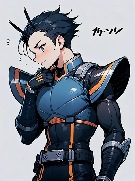 sideview,Alone,deep blue spiky hair,ninja mask,maleeyes ,males nose,males mouth,muscle,forehead, Rider Belt,gloves, antennae,black bodysuit,bodysuit, ,belt, armor,action pose,white simple background,(manga style),(sketch),(illustration),