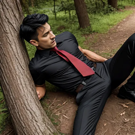 40years old,One Man,、 black shirt、Red tie、 black slim pants、 black gloves 、Black boots、Combatant、With a pistol on his hip、In the woods、 lying with legs spread out on a tree。logic, ,Black Hair。Very short and even shorter short hair、handsome minions 　スペイン人の顔...