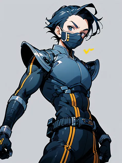 sideview,Alone,(looking at viewer:1.3),deep blue spiky hair,(ninja mask:1.3),maleeyes ,males nose,males mouth,muscle,forehead, Rider Belt,gloves, antennae,black bodysuit,bodysuit, ,belt, armor,action pose,white simple background,(manga style),(sketch),(ill...