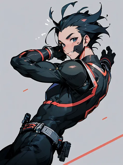 sideview,Alone,(looking at viewer:1.3),deep blue spiky hair,(ninja mask:1.3),maleeyes ,males nose,males mouth,muscle,forehead, Rider Belt,gloves, antennae,black bodysuit,bodysuit, ,belt, armor,action pose,white simple background,(manga style),(sketch),(ill...