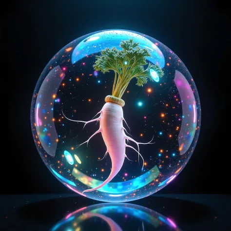 There is a japanese DAIKON solo, (Branched radish, with two tips extending downward, Japanese white radish, Bifurcated Branch, Natural orientation against gravity, Real vegetables), wrapped in (a magic huge bubble, holographic, rainbow), completely covers,...