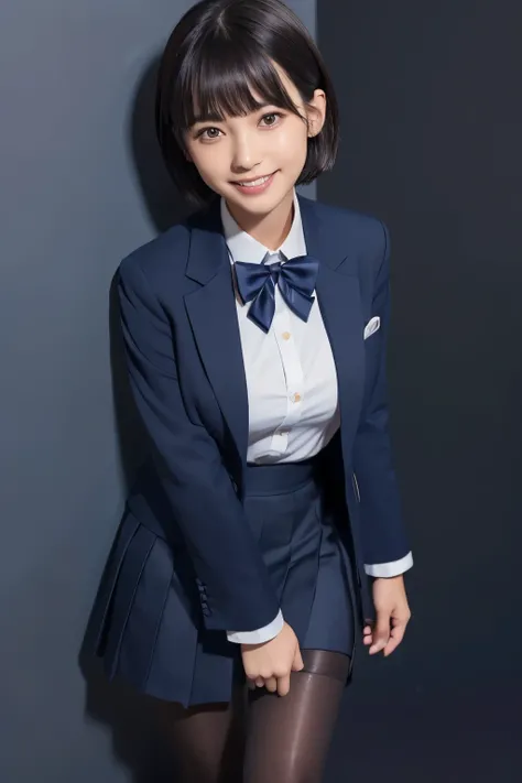 Navy Blue Blazer、((Hide below the knee with a navy blue tight skirt))、White blouse、((navy blue plain large bow tie))、((( black pantyhose)))、(( black loafers))、(( Full body photo of a standing figure showing up to the feet ))、Cute high school girls、Height: ...