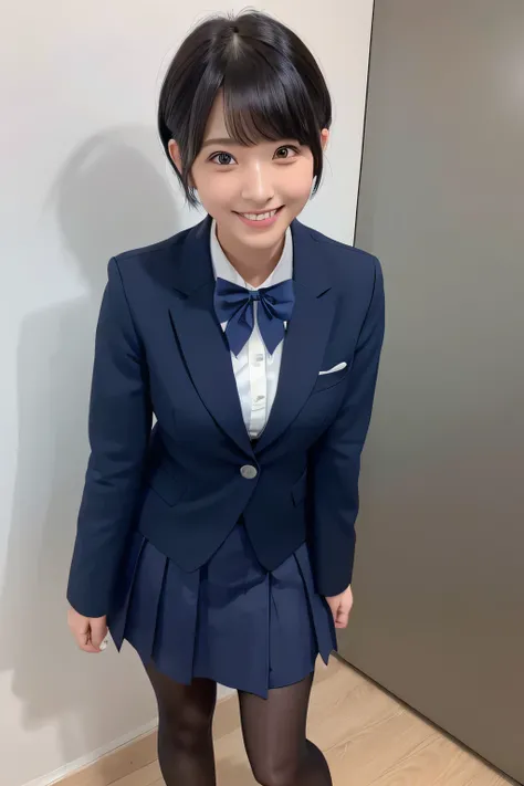 Navy Blue Blazer、((Hide below the knee with a navy blue tight skirt))、White blouse、((navy blue plain large bow tie))、((( black pantyhose )))、(( black loafers))、(( Full body photo of a standing figure showing up to the feet ))、Cute high school girls、Height:...