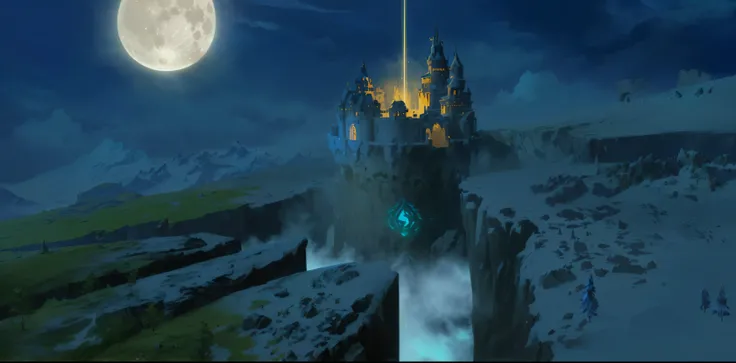 there is a castle on a cliff with a full moon in the background, concept art magical highlight, matte painting arcane dota pixar, painted as a game concept art, dota matte painting concept art, dota! matte painting concept art, stylized concept art, fantas...