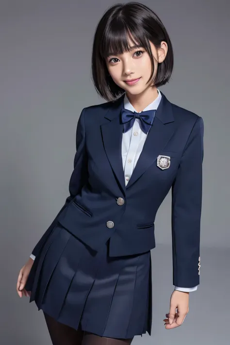 Navy Blue Blazer、((Hide below the knee with a navy blue tight skirt))、White blouse、((navy blue plain large bow tie))、((( black pantyhose )))、(( black loafers))、(( Full body photo of a standing figure showing up to the feet ))、Cute high school girls、Height:...