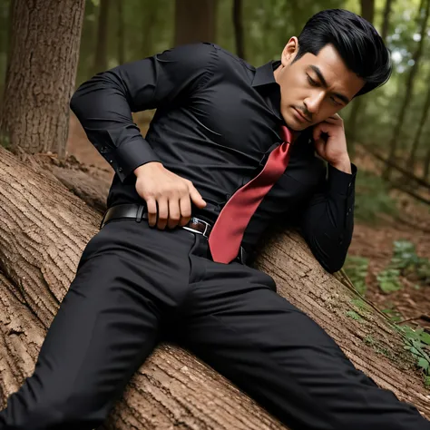 35years old, One Man,、 black shirt、Red tie、 black slim pants 、 black gloves 、 black boots、Combatant、With a pistol on his hip、In the woods、　Lie down with your legs spread out on a tree。logic, , black hair。 pretty short and even shorter short hair、handsome m...