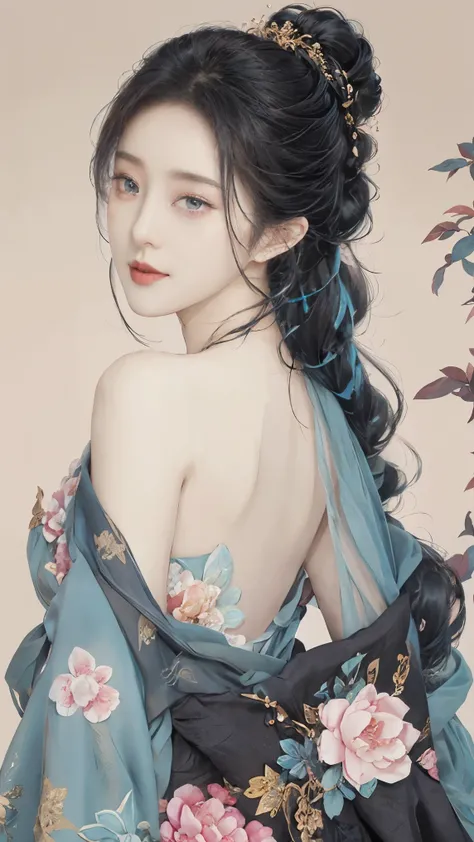 highly detailed, 8K, masterpiece, 1 girl, blue pink_hair, nude, Smile, (perfect_Face), boundary, close up, crazy, exist_Back, Gorgeous, complicated, Dramatic Lighting, 4K, detailed_Background, Caustics, full_Body,