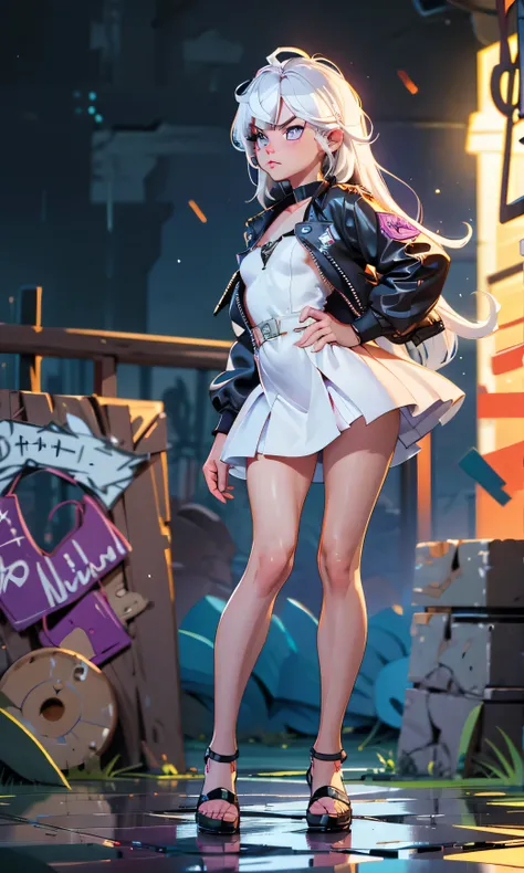 masterpiece, a girl, beautiful, adolescent, s, slim, Chiquita, head on, looking at the spectator, long hair , white hair, fringe, purple eyes, annoyed, arched eyebrows , cuerpo entero, small tits , cute legs, abdomen plano, very short dress , sma...