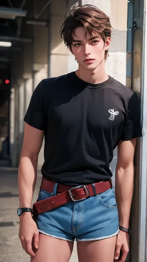 Handsome boy model , cute guy, tanned, blond, bangs, cute features, fragile slender build, boy wears a tied t-shirt with short sleeves and very short womens mini shorts with a belt, the shorts are small and expose the legs completely, the boys legs are lon...