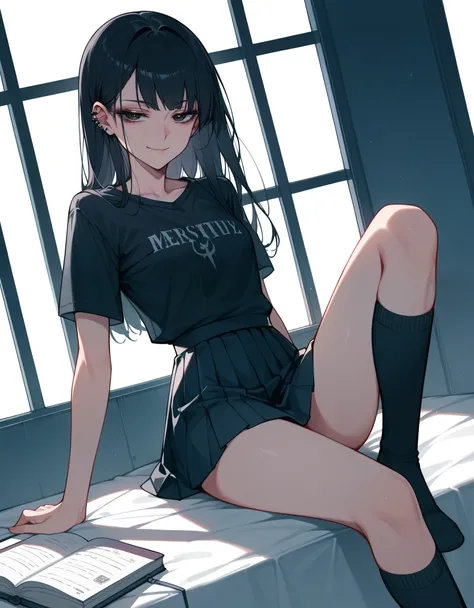 (Masterpiece), (best quality), (high quality), anime, school, 1girl, goth girl, (depressed look), evil smirk, half closed eyes, (detailed eyes), knee-socks, small skirt, dark hair, straight hair, detailed, best quality shadows, highest resolution, 4k