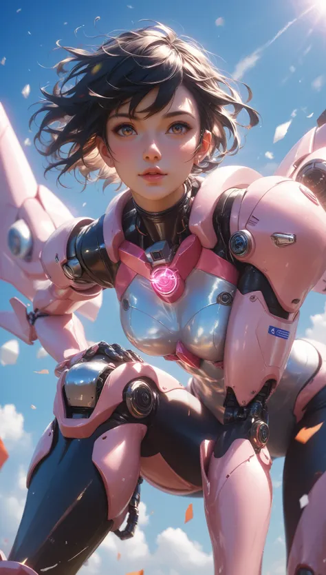 live-action、 real、pink mechanical suit、 beautiful Japanese high school girl who gives off a sense of destruction、 black hair、Short Hair、Patsun、Moderate bust、Hair blowing in the wind、 simple background、 intricate details、 Athletic Figure、 above the knee、 Sh...