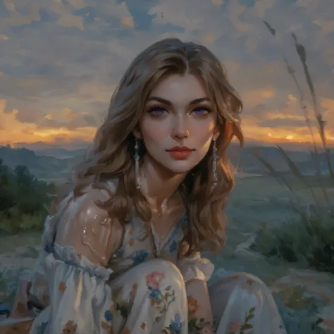 painting of a woman , sitting in a field with a sunset in the background, pictorial portrait , in an oil painting style , Portrait painting , oil painting of a realistic woman , inspired by Anna Boch , twilight ; digital oil painting , awarded oil...