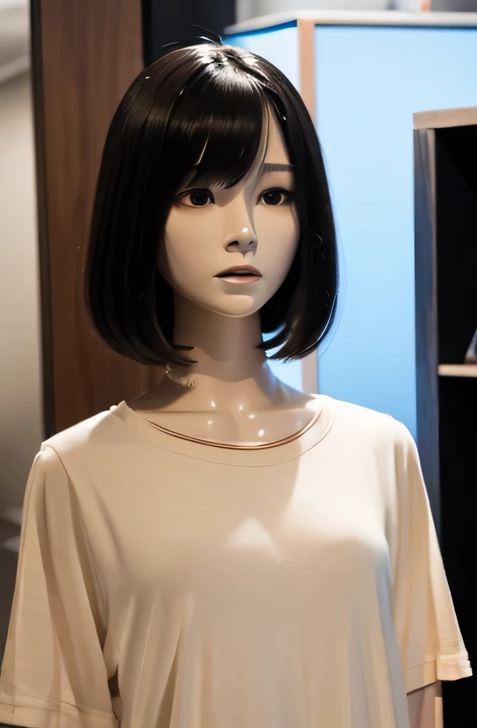 Full body mannequin, The mannequin is a woman, The mannequin is a 20-year-old Matsumoto Eiko ,The mannequin is 165 cm tall ,  mannequin has white skin, a mannequin with short, black hair, straight hair, and a mannequin with straight bangs, Mannequin has a ...