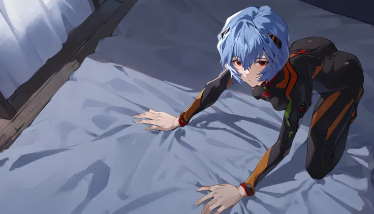One girl, whole body, Ayanami Rei, alone, Red eyes, short hair, black plugsuit, Small breasts, pregnant, Hair between the eyes, View your viewers, Blue Hair, rut, Mouth closed, bangs, on all fours, From the back, bedroom, medium quality, (Perfect hands, Pe...