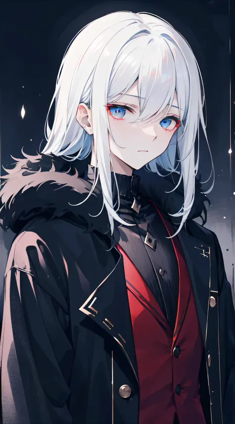 "4k Abandoned night , Dark atmosphere,  has a man , White hair,  glowing blue eyes,  wearing an elegant black coat ,  he looks depressed, with black lines under his eyes.."