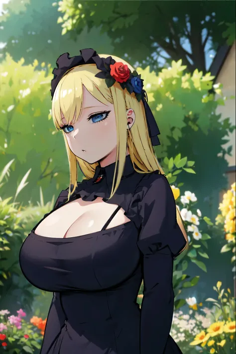 Blonde hair, huge tits   , (((black dress))),  thick, busty, blue eyes, ((upperbody)), emotionless, cleavage, flower garden