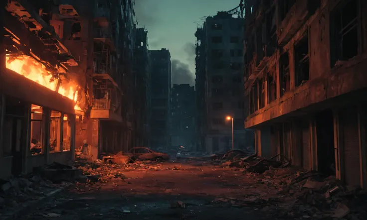 Night time, blood red lighting, arafed city street with a lot of debris and debris on the ground, destroyed city, in a ruined cityscape, at a deserted city, post - apocalyptic city streets, dystopian setting, city destruction, dystopin future, destroyed ci...