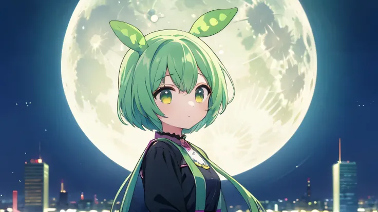 green hair,1girl,zundamon,city,moon